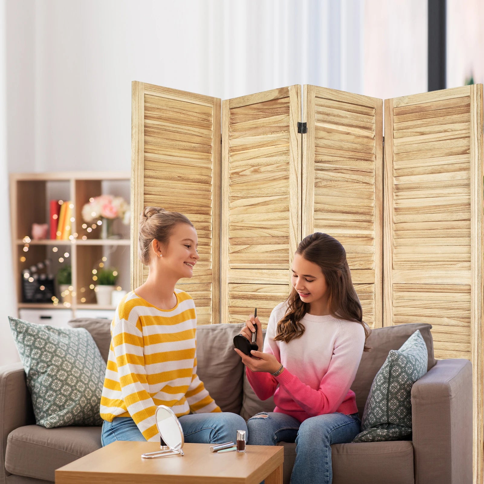 6 Panel Wood Room Divider, Folding Room Divider Privacy Screen, Freestanding Louvered Divider Screen for Home Office Restaurant