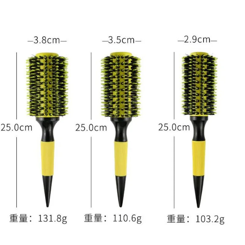 Professional 1PC 6 Sizes Round Wooden Hair Brush Boar Bristle Mix Nylon Salon Women Hair Styling Tools Yellow Brazil Hair Curler