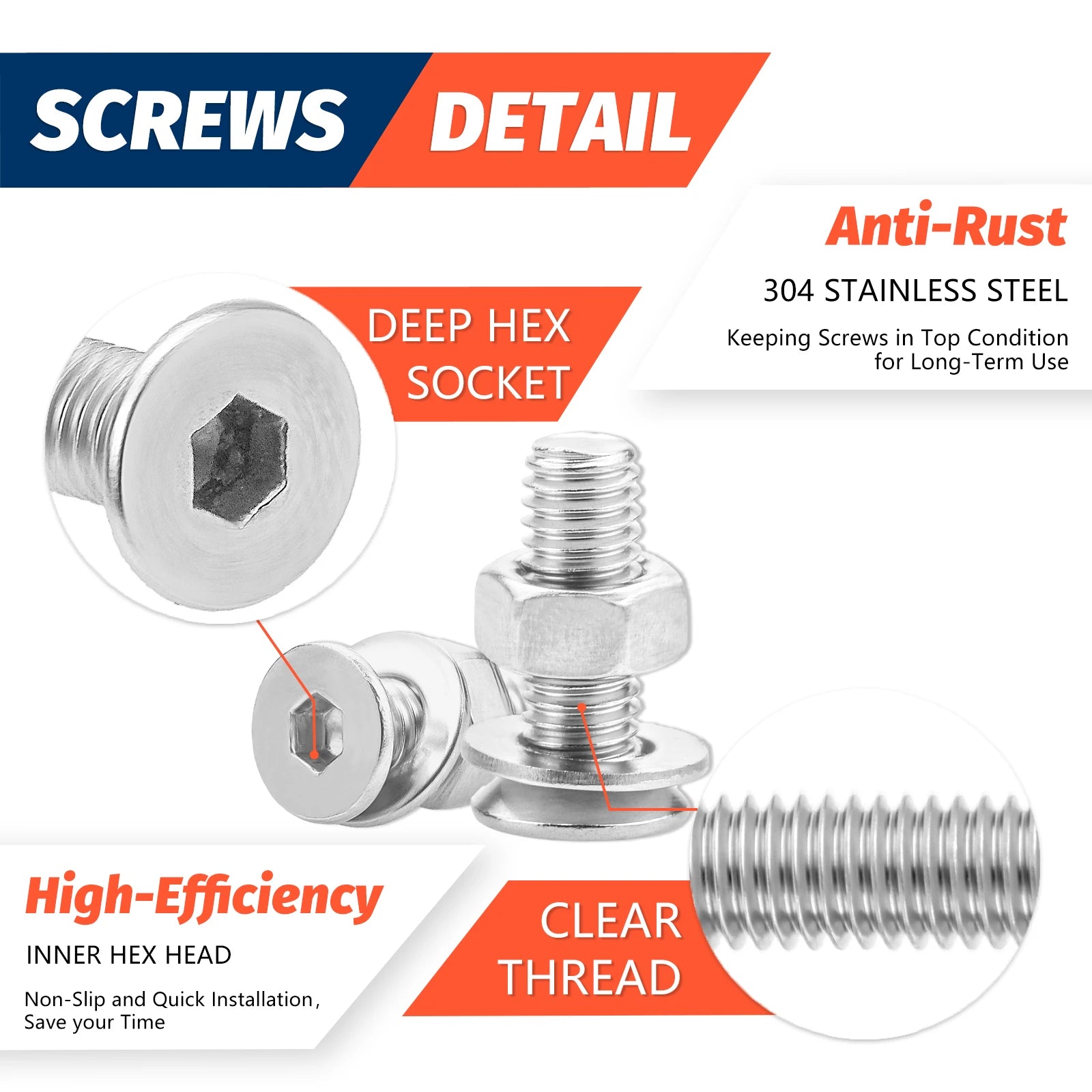 880Pcs Stainless Steel 304 Hex Socket Flat Head Screws Assortment Kit M2 M3 M4 M5 Countersunk Bolts Set with Storage Box