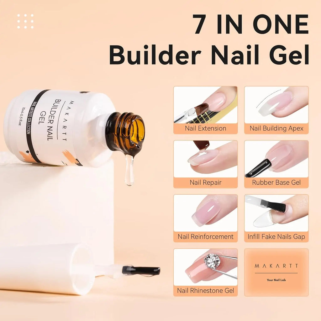 Builder Nail Gel, 7-in-One Clear Builder for Nails, LED Lamp Cured Rubber Base Gel Polish Coat Strengthener Thickening Extension