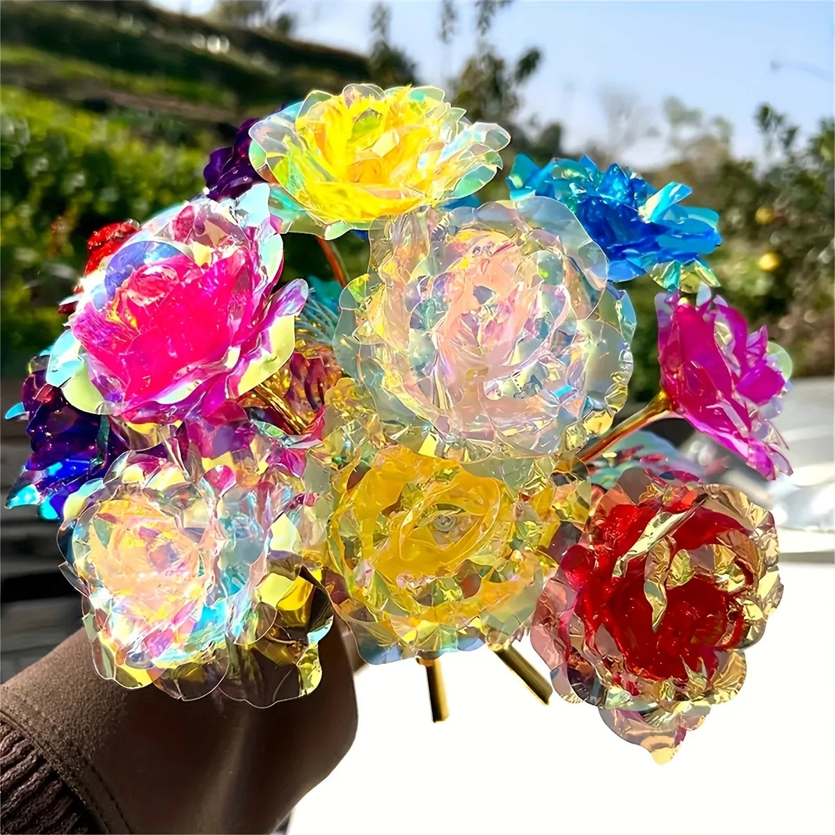 Rainbow Gold-Plated Artificial Roses – 10-Pack Decorative Flowers Gift for Birthday & Mother’s Day