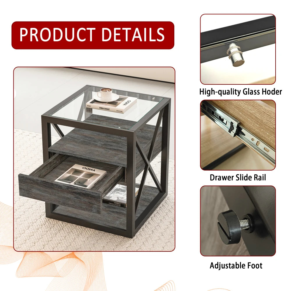 Modern coffee table for Bedroom & Living Room, Tempered Glass&Rustic Wood Grain MDF, Industrial Style coffee table