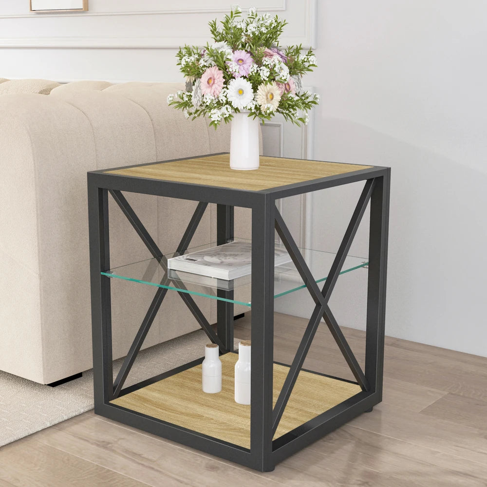 Modern coffee table for Bedroom & Living Room, Tempered Glass&Rustic Wood Grain MDF, Industrial Style coffee table