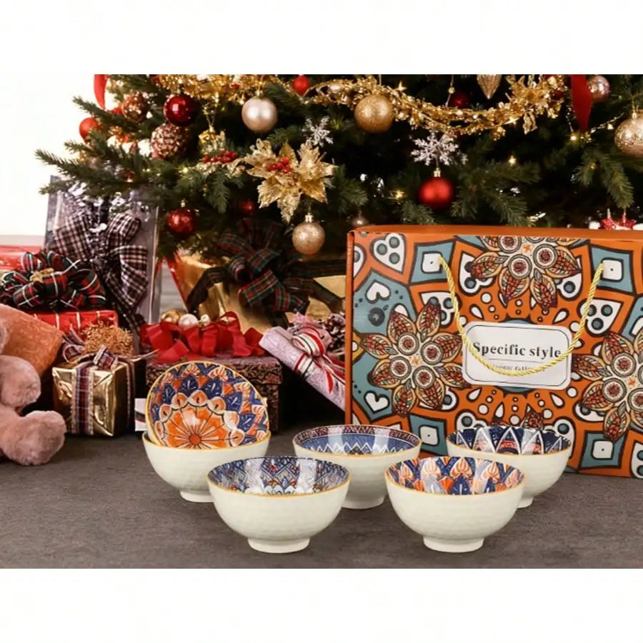 6Pcs 10Oz Bohemian Ceramic Bowl Set Microwave Safe Cereal Soup Salad Gift Bowls