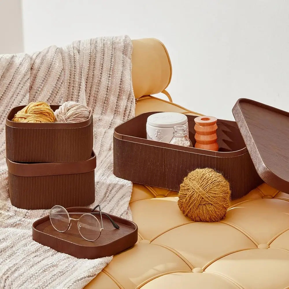 Sturdy Leather-Like Lidded Cardboard Storage Baskets, Stackable Decorative Trays, Chocolate Brown, 3-Piece Set