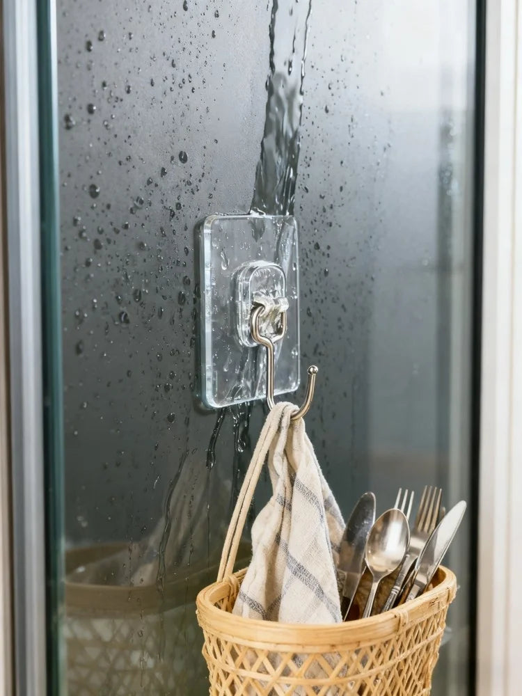 10Pcs Clear Adhesive Hooks - Heavy Duty Removable No Drill, Waterproof Invisible Wall Hooks for Kitchen Bathroom Home Storage