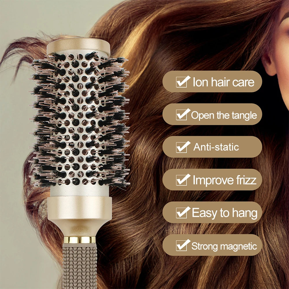 Gute Boar & Nylon Roller Brush - Gold Non-Slip Handle, Curl Defining Barrel - Salon Home Styling