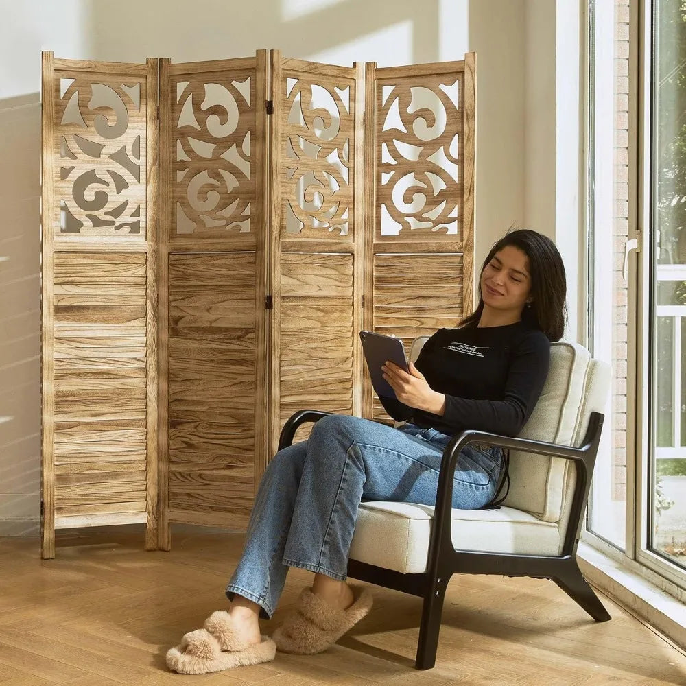 5.6Ft 4 Panels Wood Carved Privacy Screens, Free Assembled Freestanding Portable Reversible Functional Dec