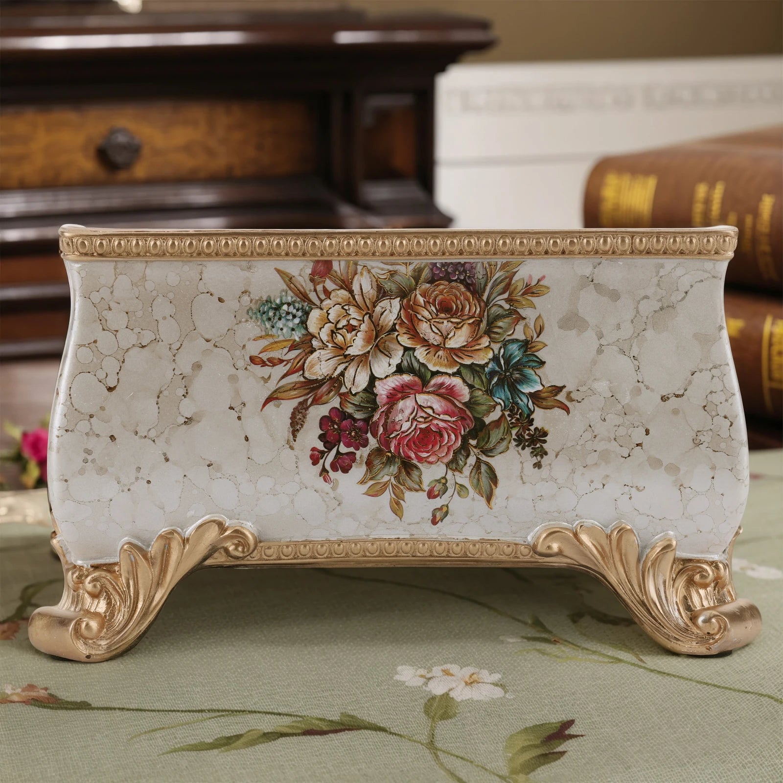 Vintage Floral Resin Tray Remote Control Holder & Desk Organizer Three Compartment Vanity Holder Desk Organizer Home Decor