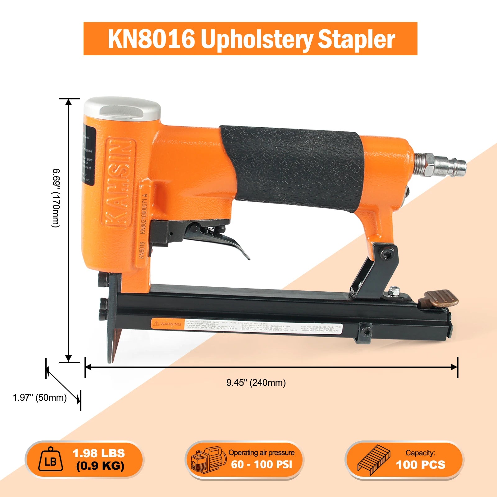 KAMSIN KN8016 Pneumatic Upholstery Stapler, 21GA, 80 Type, 1/2 Crown, Air Furniture Stapler, Fine Wire Staple Gun
