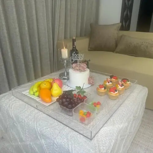 Large Clear Acrylic Ottoman Tray with Handles, 24x24 Inch Serving Organizer for Living Room Bedroom Kitchen