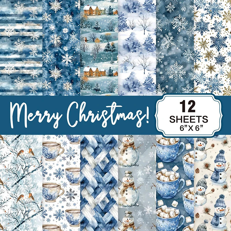 Christmas Scrapbook Paper Pad 12 Sheets 6x6 Glitter Confetti Snowflake Single-sided Prints Cardstock 160gsm Acid-free Decorative