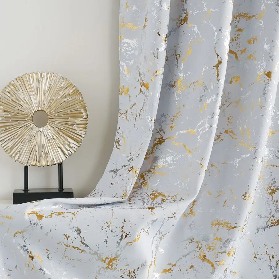 100 Blackout Gold Silver Foil Marble Print White Base Curtains for Living Room Bedroom 84 Inches Long Modern Room Darkening Soun
