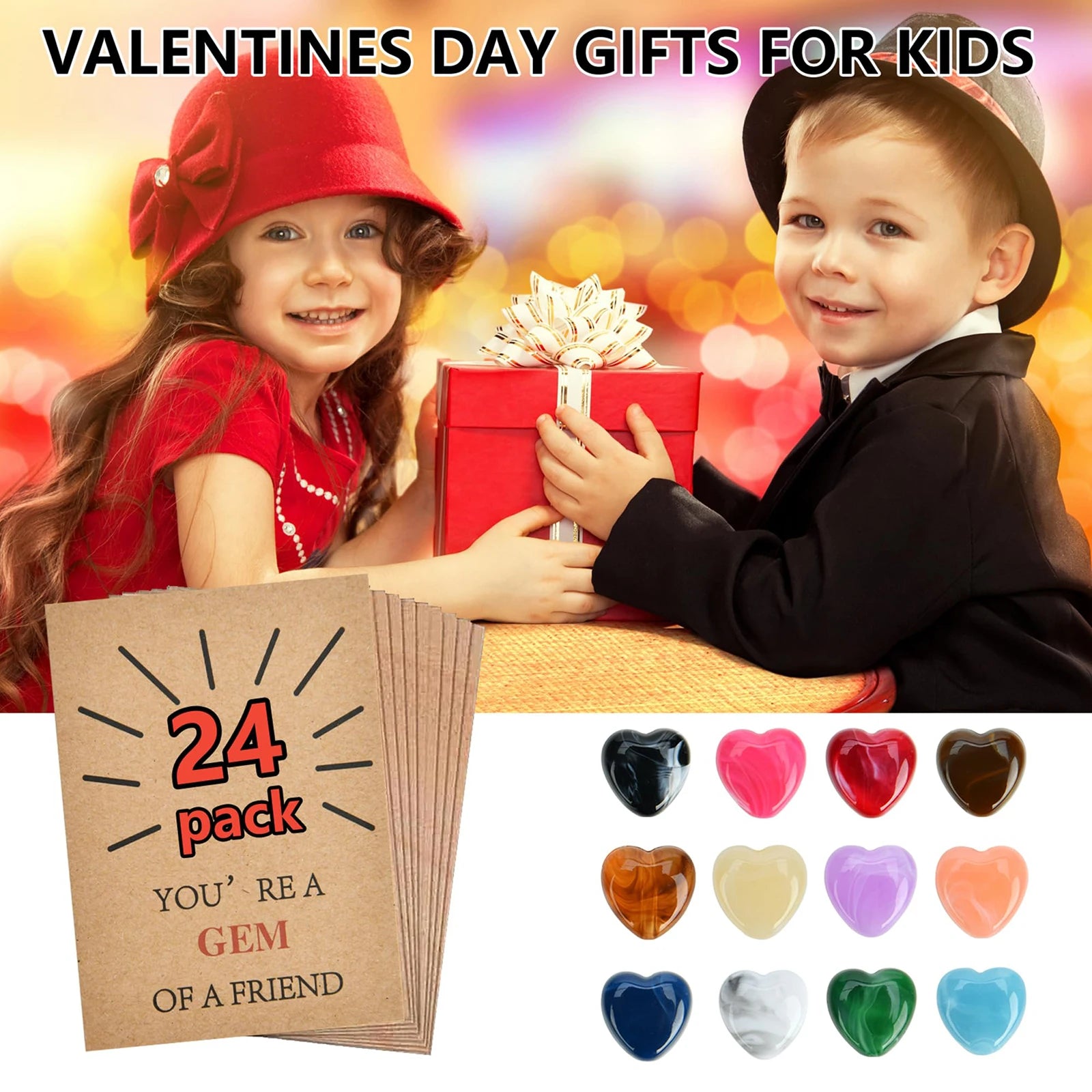 24 Pack Valentine Exchange Card with Heart-Shape Crystal Stone Valentines Cards for Boys Girls School Classroom Party Favors