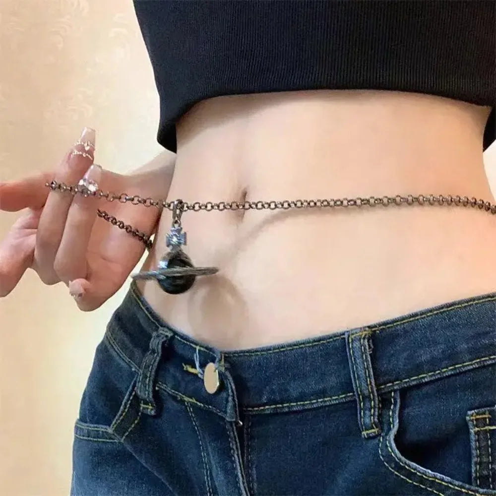 3D Black Saturn Waist Chain | Light Luxury Body Jewelry for Women's Waist Decor
