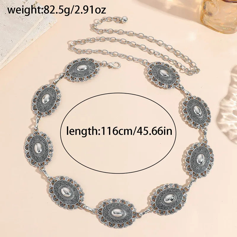 Retro Style Women'S Metal Waist Chain Accessories Decorative Circle Carved Chain Belt High Style Accessories