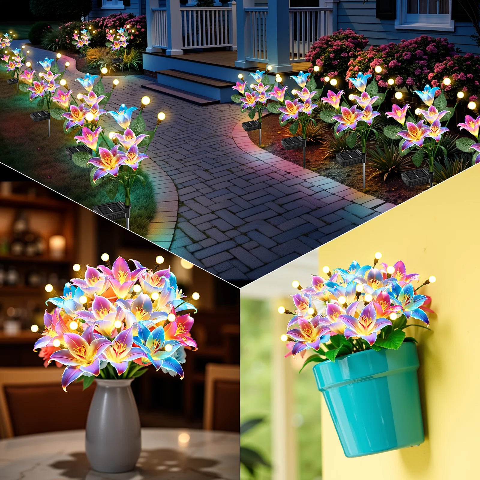 2/4 Pack Solar Lights: Realistic Lilies & Fireflies, 7 Colors for Patio/Garden/Events/Holidays, Outdoor Decor Gift