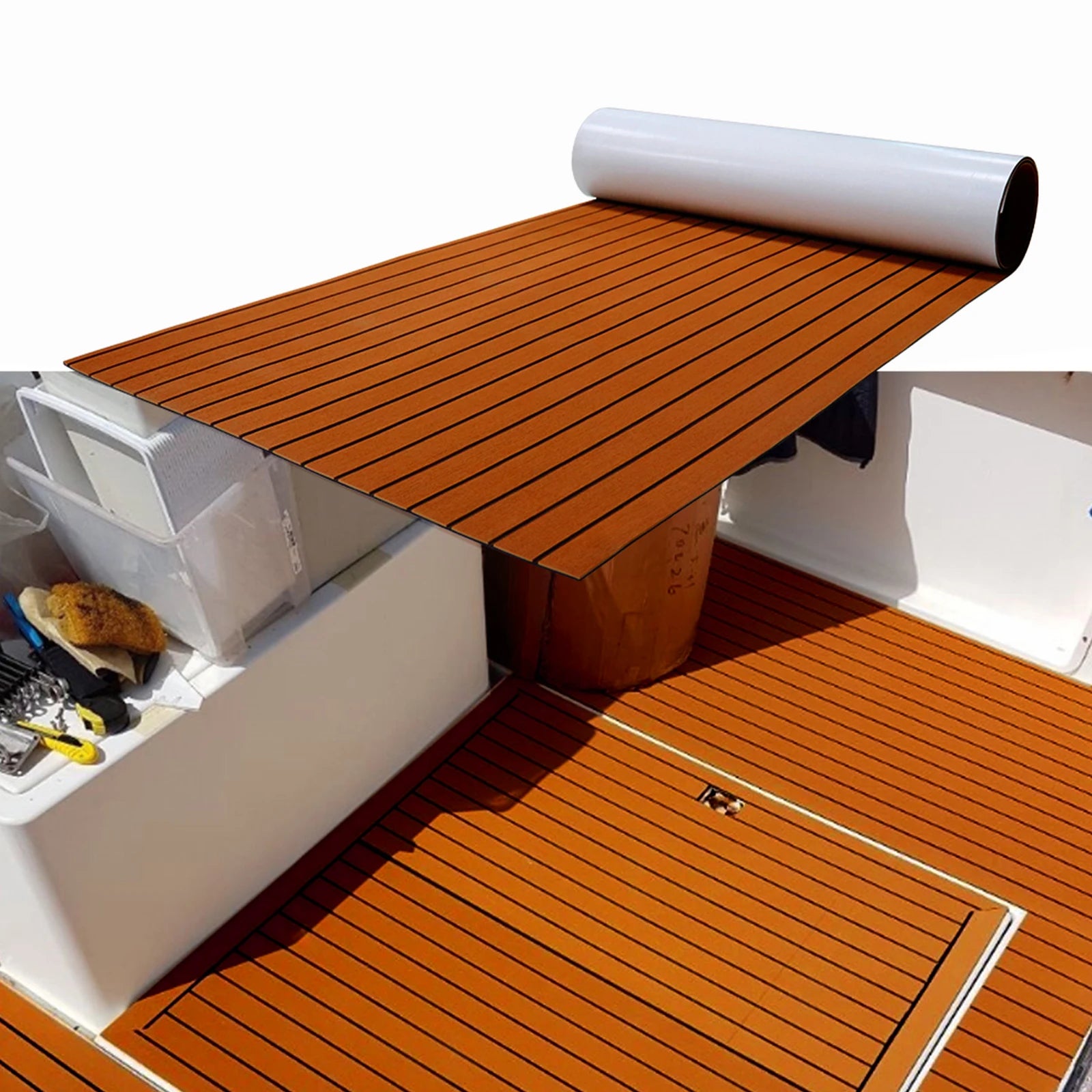 EVA Foam Teak Boat Decking Sheet Carpet Self-Adhesive Marine Yacht RV Boat Flooring Mats Decking Pad 94.5" x 35.4" Brown