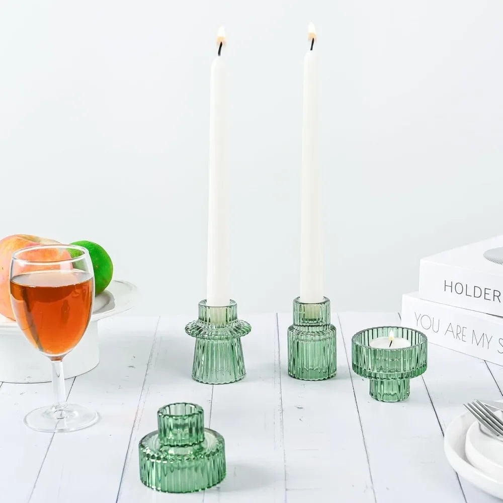 Glass Taper Candle Holder Short Small Boho Ribbed Votive Candlestick Holder for Table Centerpiece Wedding Decor and Dinner Party