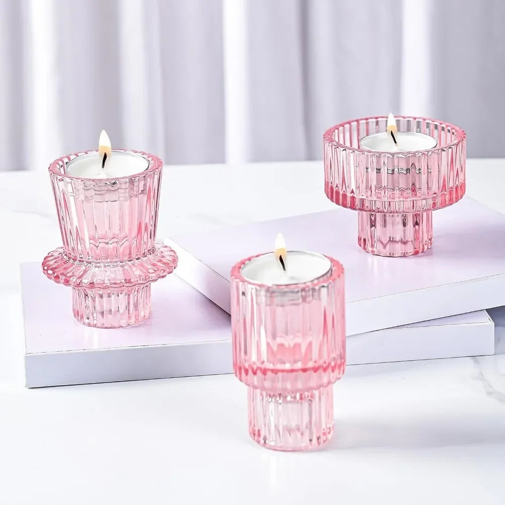 Glass Taper Candle Holder Short Small Boho Ribbed Votive Candlestick Holder for Table Centerpiece Wedding Decor and Dinner Party