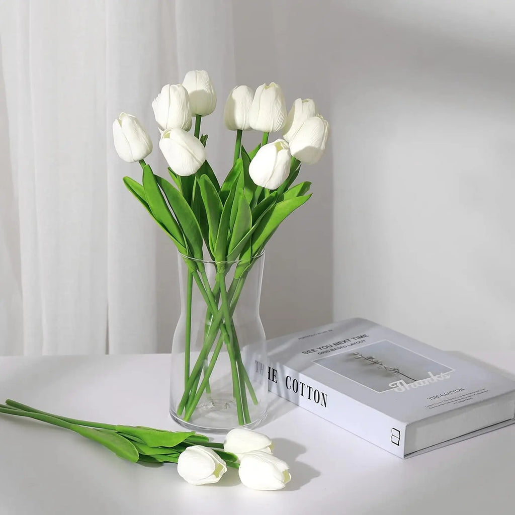 12pcs Elegant White Artificial Tulips - Real Touch Latex Flowers, 13.5" Lifelike Fake Tulips for Vase Centerpieces, Wedding