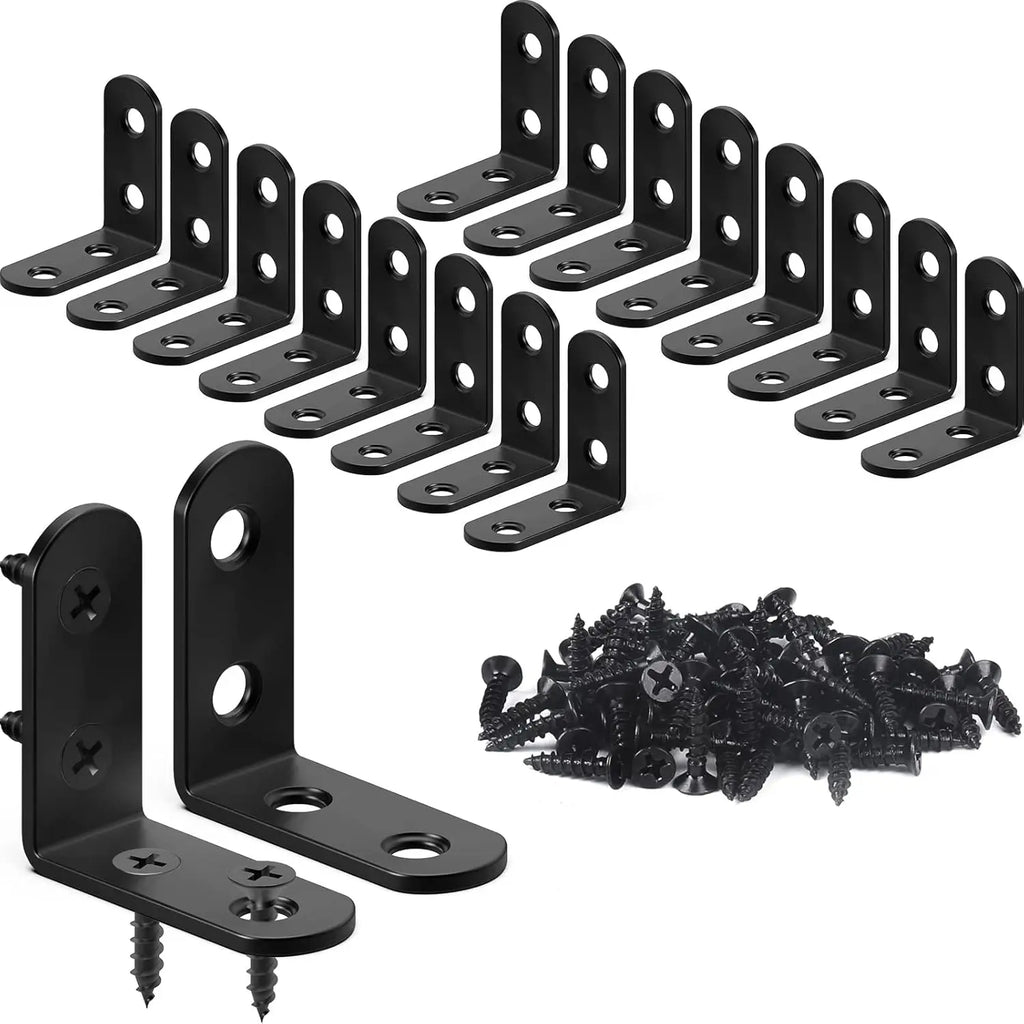 18PCS Stainless Steel L Brackets for Shelves, Black Small Right Angle Corner Brace with 72PCS Screws (1.57x1.57 in)