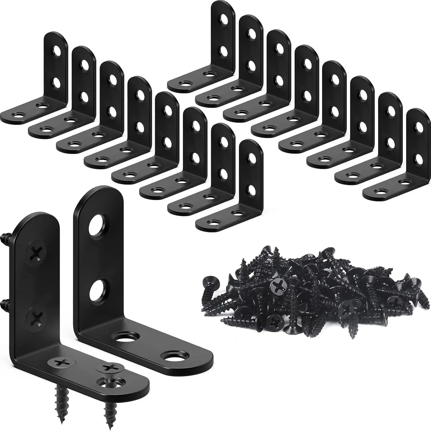 18PCS Stainless Steel L Brackets for Shelves, Black Small Right Angle Corner Brace with 72PCS Screws (1.57x1.57 in)