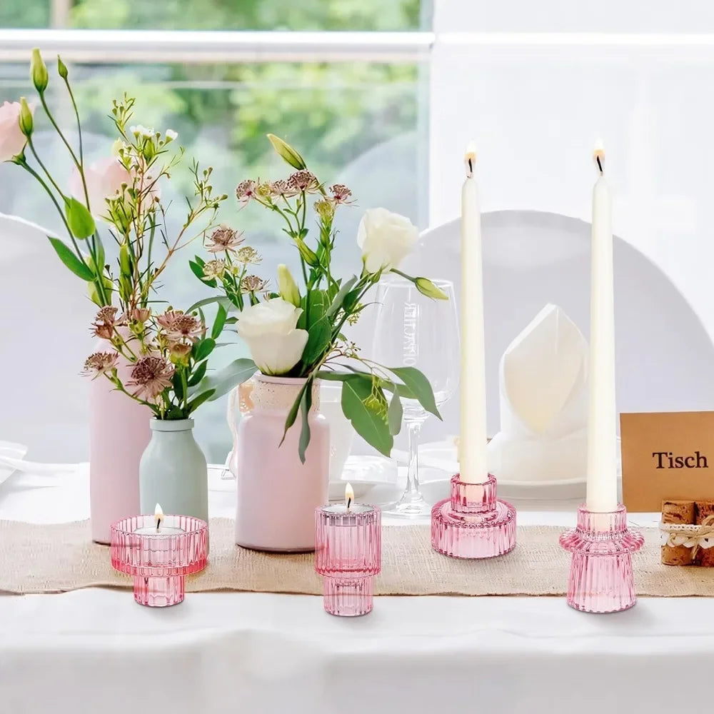 Glass Taper Candle Holder Short Small Boho Ribbed Votive Candlestick Holder for Table Centerpiece Wedding Decor and Dinner Party
