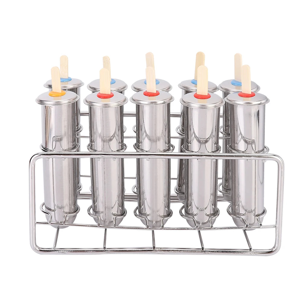 10pcs Ice Cream Molds with Sticks 304 Stainless Steel Household Ice Lolly Popsicle Molds Kit for Home Ice Cream Making Tool
