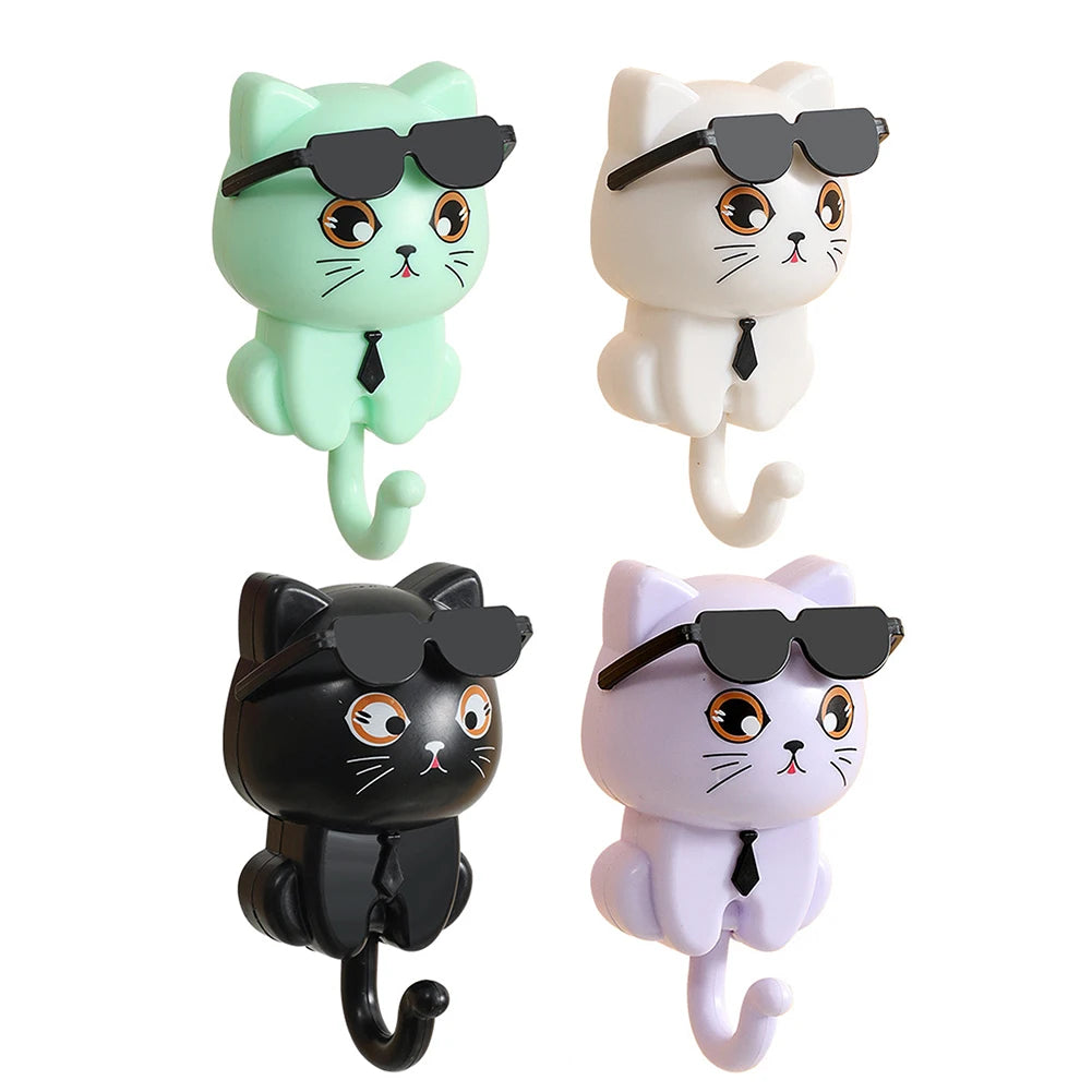 1-3Pcs Wall Key Holder Creative Cartoon Cat Hook Self Adhesive Wall-mounted Hooks with Sunglasses for Wall Decorative Hooks