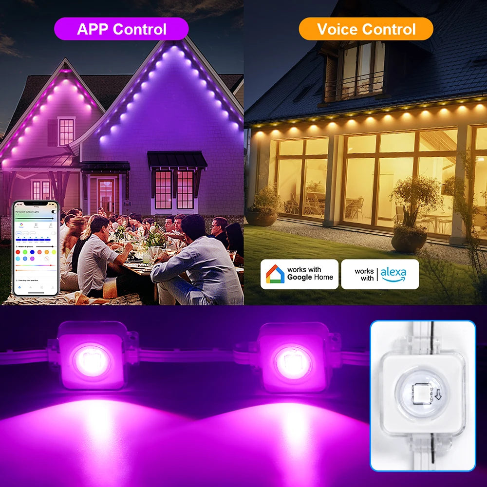 100ft/150ft Smart RGBIC Permanent Outdoor Lights for House, Waterproof Eaves Lighting with 72 Scene Modes for Christmas Party