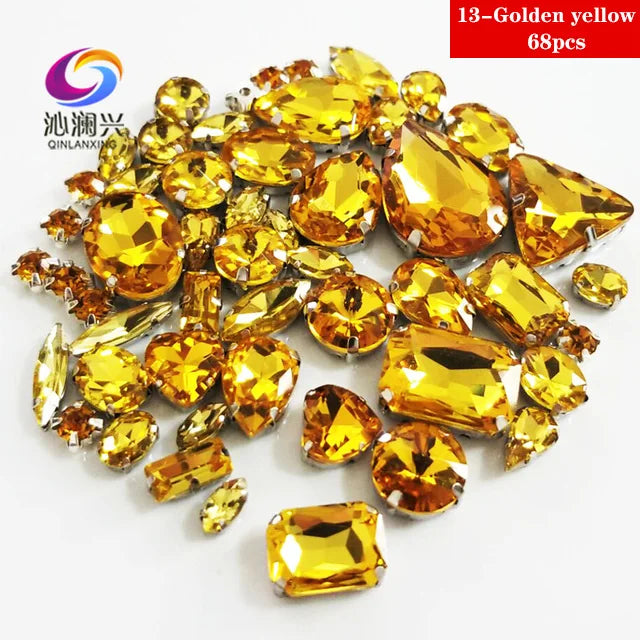 68Pcs Mix Crystal Sliver Claw Setting Rhinestones Sewing Clothe For Needlework Stone DIY Sew On Wedding Dress Shoes Bags