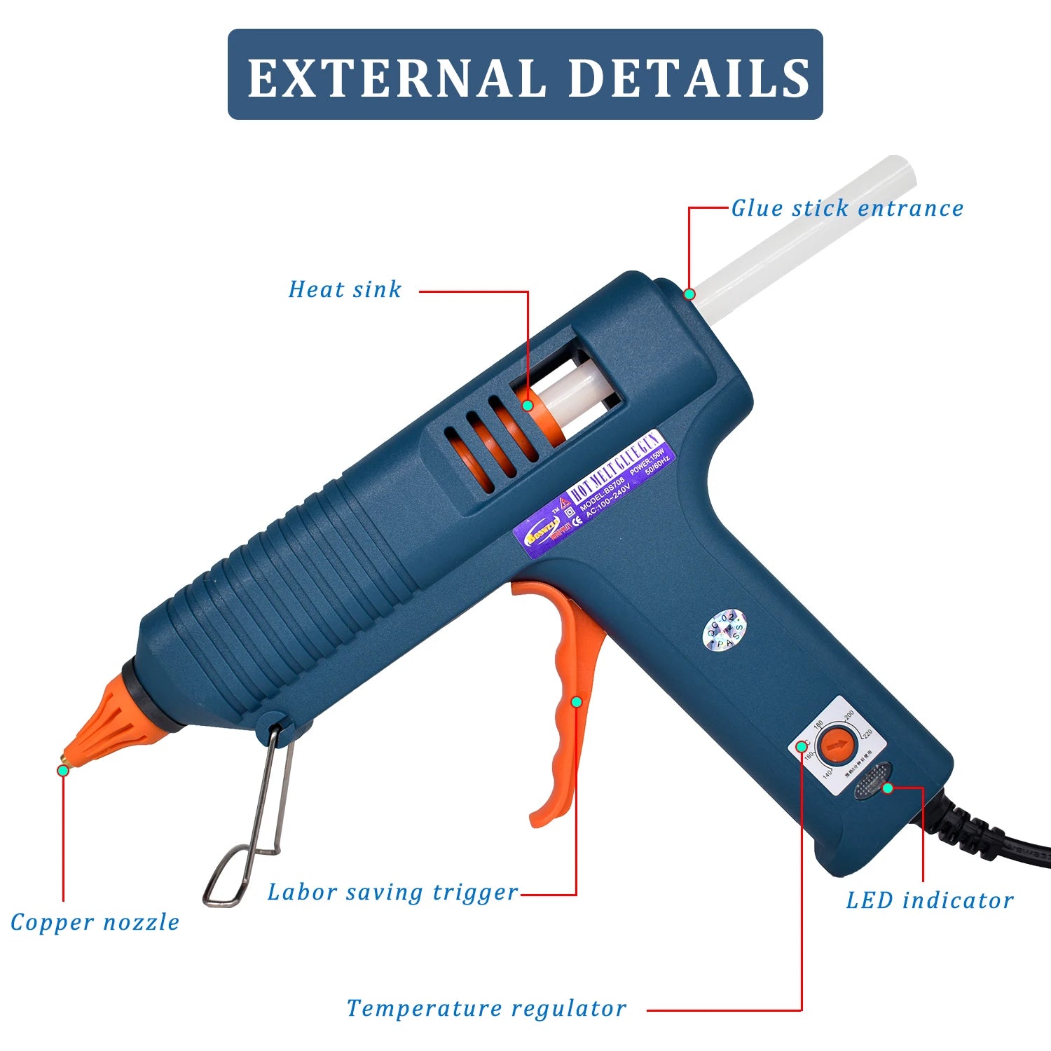 150w Hot Glue Gun, 8 Combinations, Adjustable Temperature, Suitable For Craft Repair Diy Use 11mm Glue Stick Purecopper Nozzle