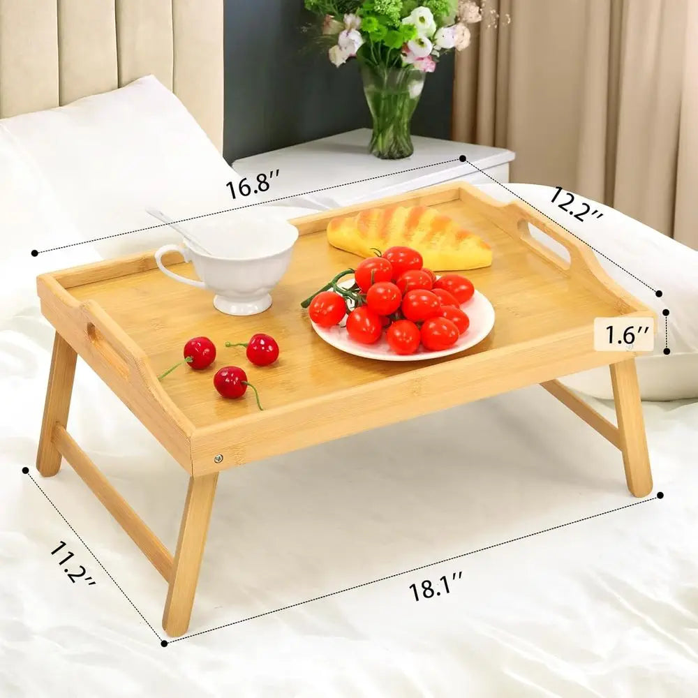 2 Pack Bamboo Bed Tray Table, Folding Legs and Handles, Breakfast Tray, Laptop Desk for Bed or Sofa, Serving Tray for Eating, Wo