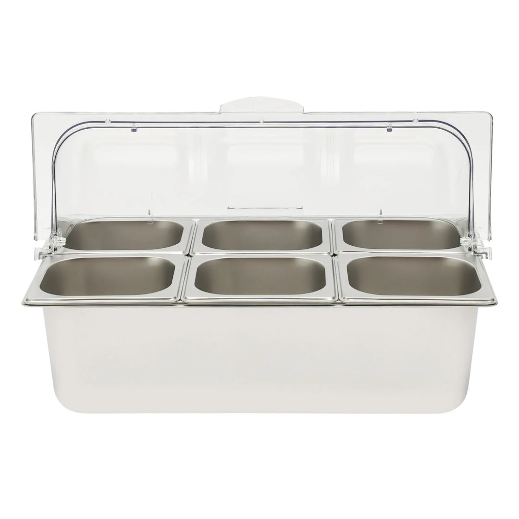 6-Pan Ice Food Serving Display Tray with Clear Roll Top Cover Cold Food Buffet Tray 15 CM Height Countertop Salad Fruit Box