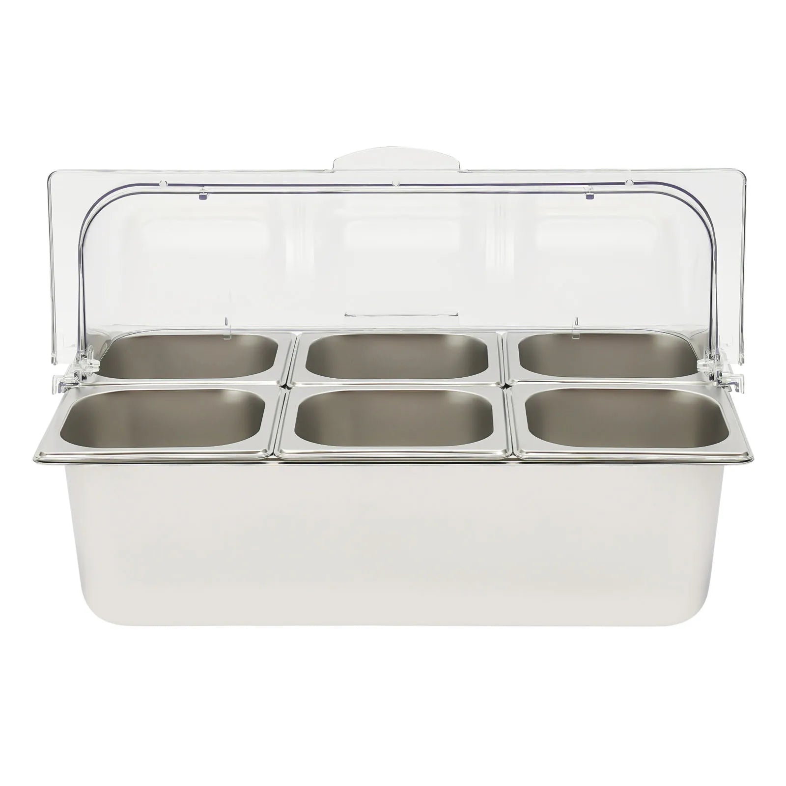 6-Pan Ice Food Serving Display Tray with Clear Roll Top Cover Cold Food Buffet Tray 15 CM Height Countertop Salad Fruit Box