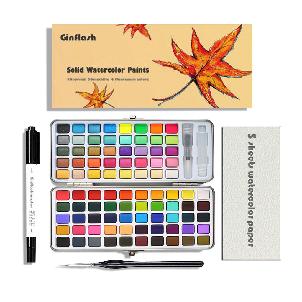 50/90 Color Solid Watercolor Paint Set Glitter Portable Metal Box Watercolor Pigment squirrel hair brush nail art