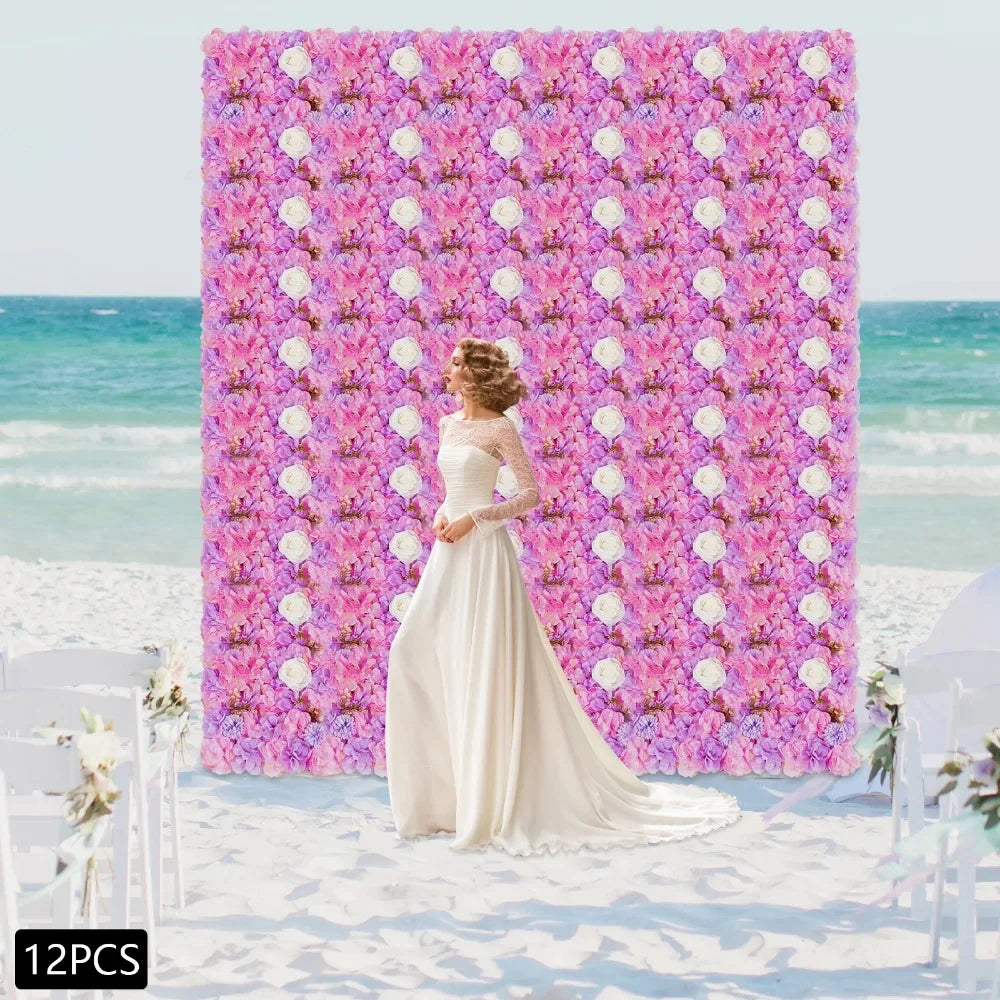 12PCS Flower Wall Panel 3D Artificial Flower Backdrop Wall Silk Hydrangea Rose Floral Panel for Wedding Terrace Garden Backyard
