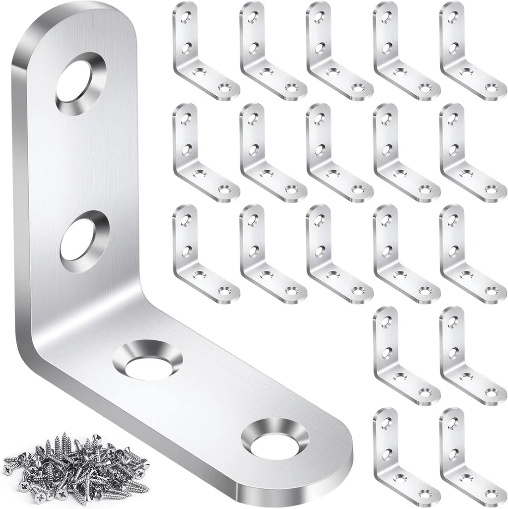 20PCS Stainless Steel L Brackets for Wood Shelves, 90 Degree Corner Brace with Screws, Furniture Cabinet Drawer Chair Support