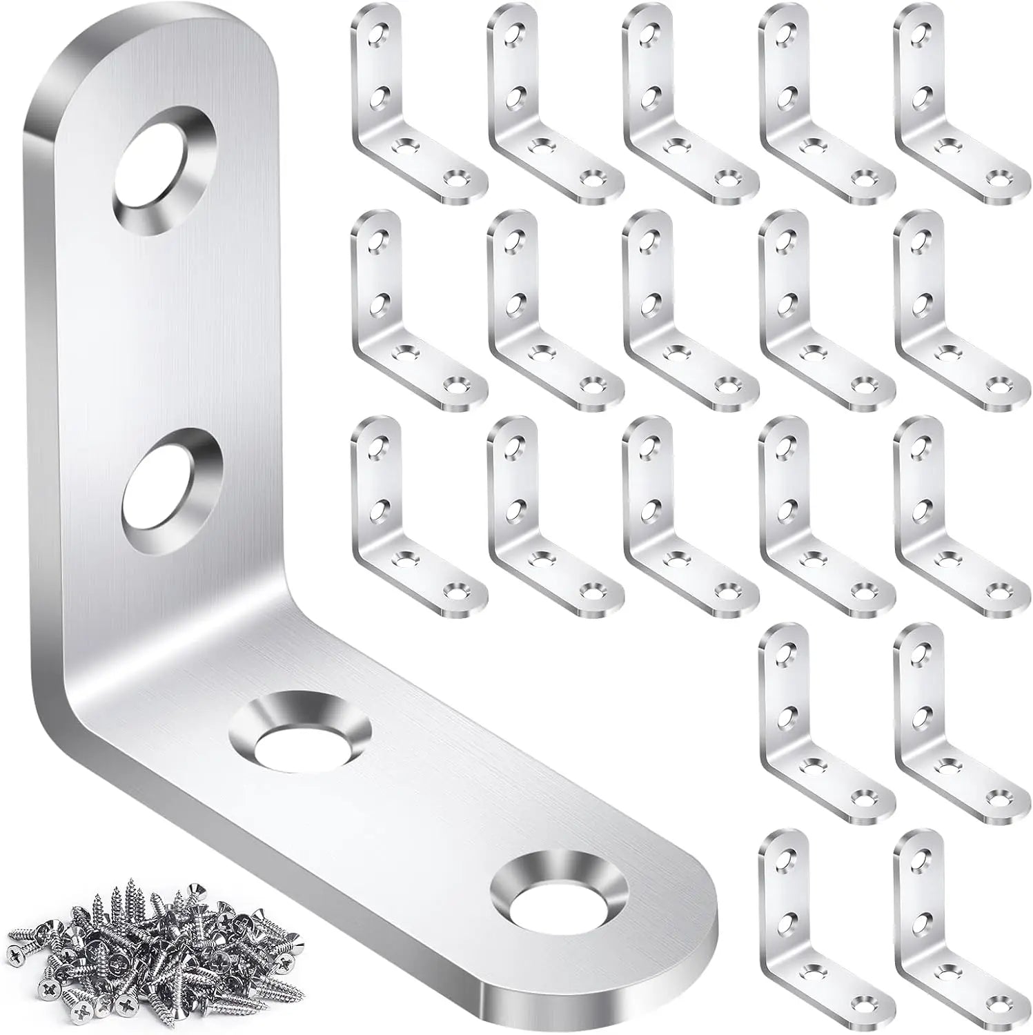20PCS Stainless Steel L Brackets for Wood Shelves, 90 Degree Corner Brace with Screws, Furniture Cabinet Drawer Chair Support