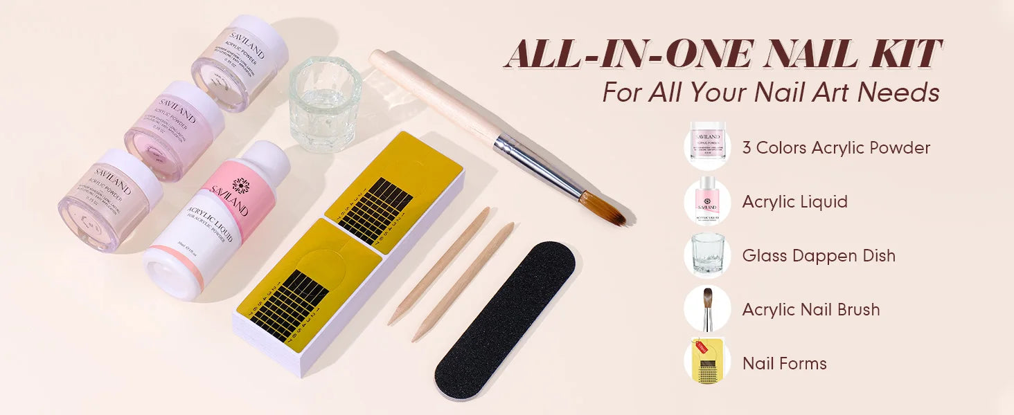 SAVILAND Clear Pink Nudes Acrylic Powder Kit with 30ml Acrylic Liquid Acrylic Nail Brush Nail Forms for Nail Art Salon Home DIY