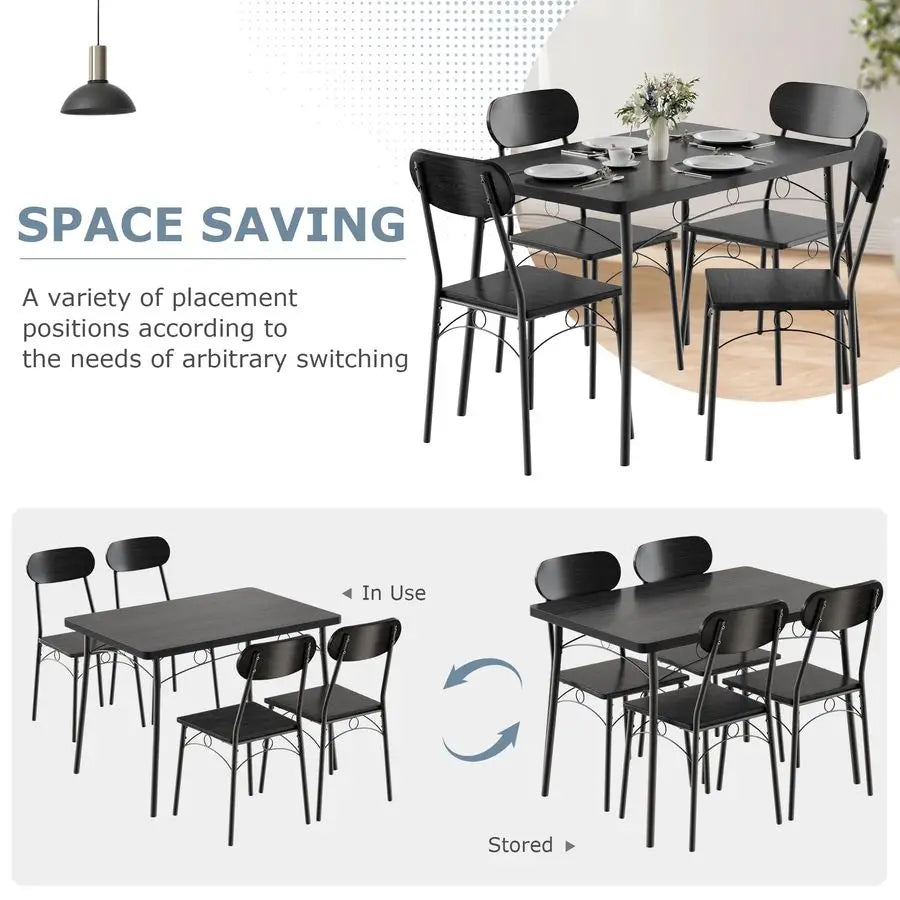 Dining Table Set for 4, 5Piece Kitchen Table with 4 Chairs, MDF Board Tabletop with Metal Frame for Small Space, Compact Dinett