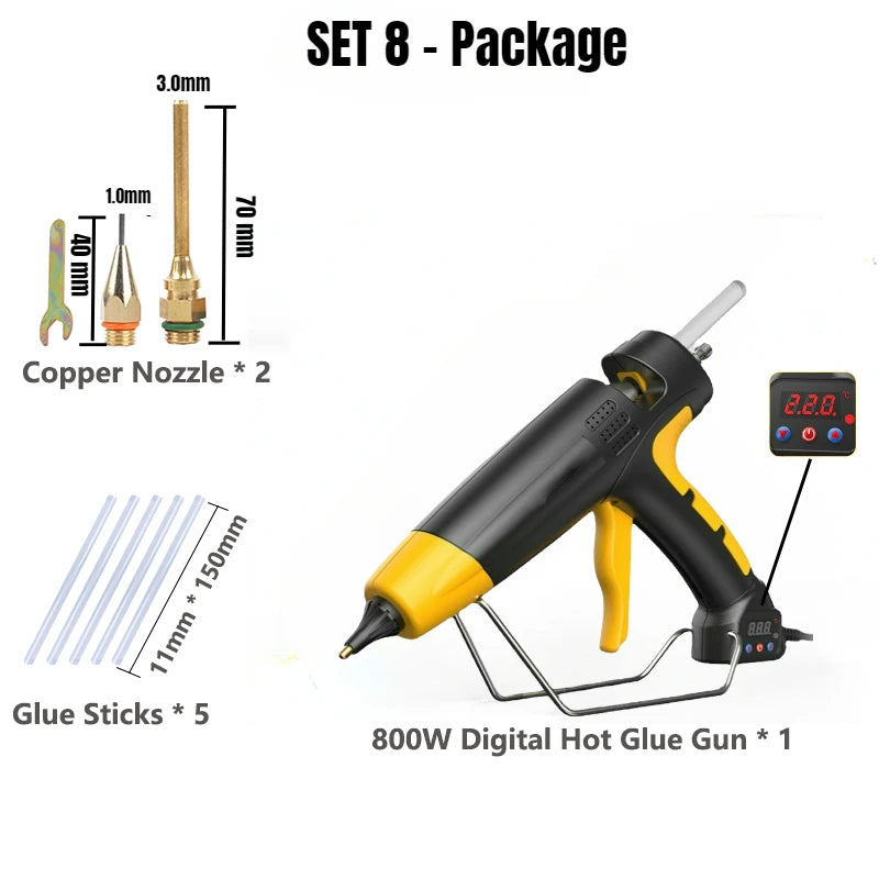 800W Professional Hot Melt Glue Gun Digital Adjustable Temperature Copper Nozzle 11 Mm Glue Sticks Industrial Tools Silicone Gun