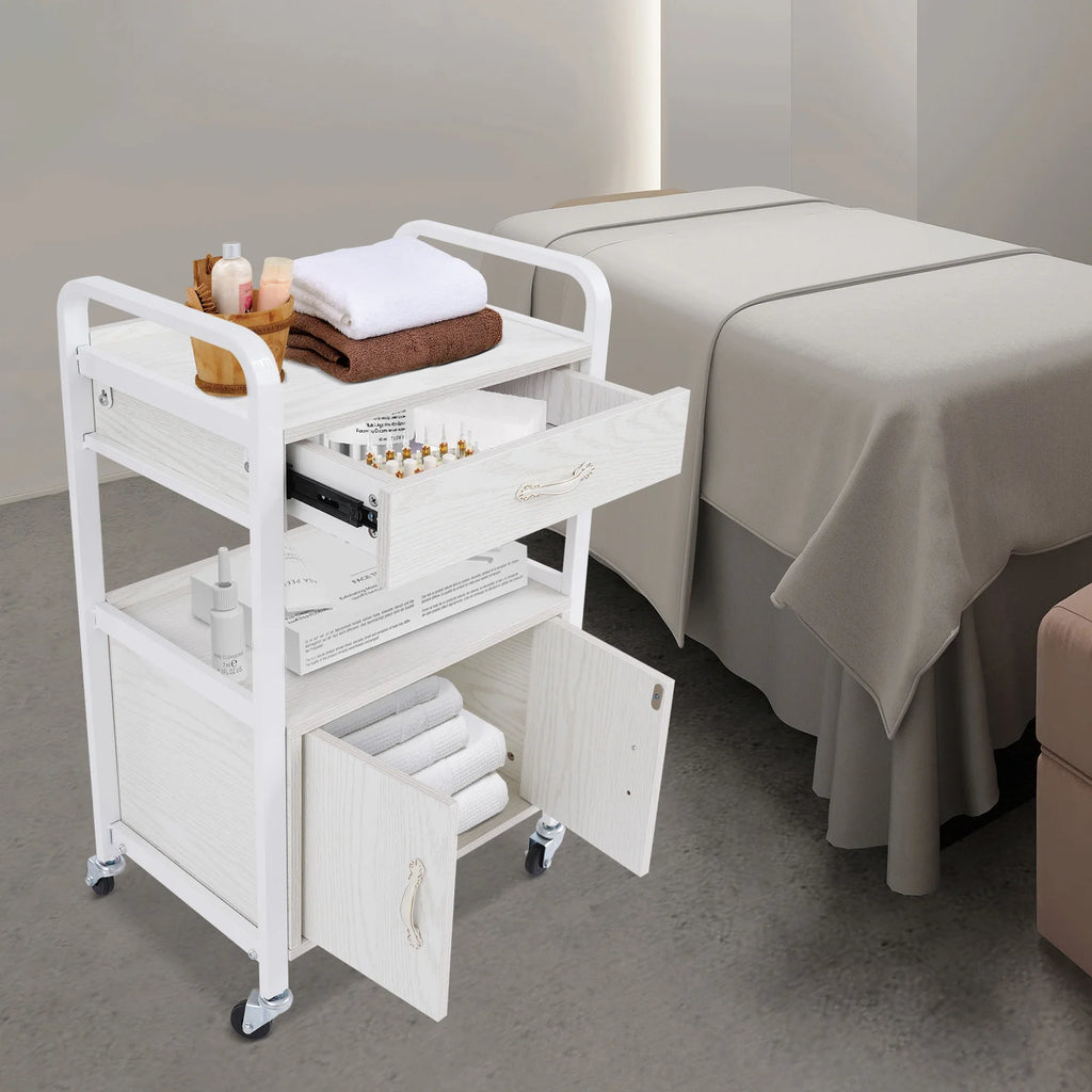 Salon High-density Wood Panels Storage Cart,White Rectangle Free Standing Movable Beauty Organizer 51*33*83cm for Beauty Salons