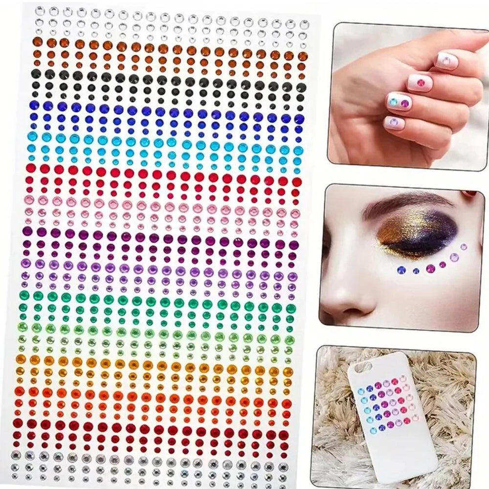 1sheet 900pcs Rainbow Face Glittle Gem Stickers Stick-On Facial Tattoo Eye Rhinestone Jewels  Mix Wedding Party Make Up