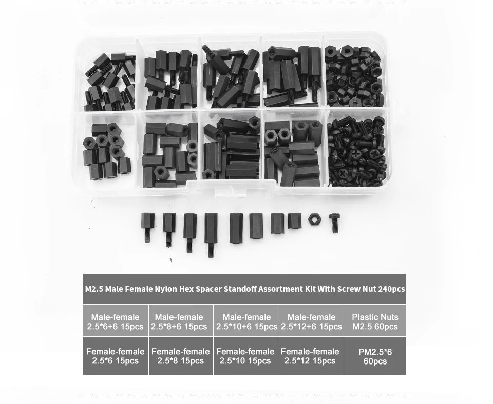 Male Female Nylon Hex Standoff Assortment Kit with Plastic Screws Nuts M2 M2.5 M3 M4 Insulation Plastic Standoff Spacer Set