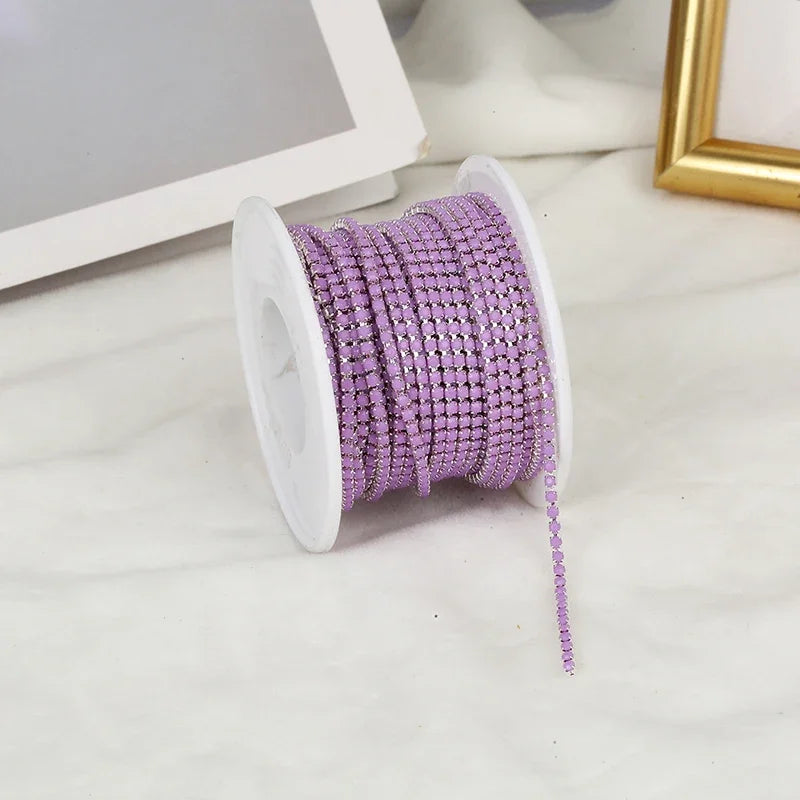 PEESOM NewSS6 2mm Sliver Bottom Rhinestone Cup Chain Sew On Colorful Acrylic Rhinestone Trim Chain Strass Banding for DIY Chain