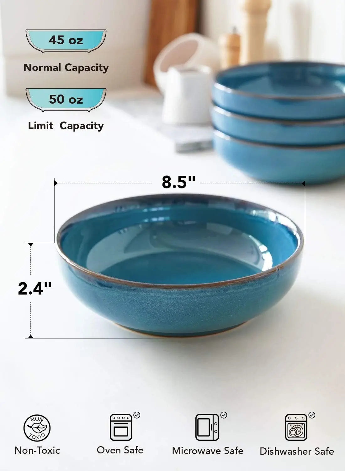 45 Ounce Ceramic Pasta Bowls Set of 4, Large Serving Salad Bowl in Ceylon Blue for Elegant Dining