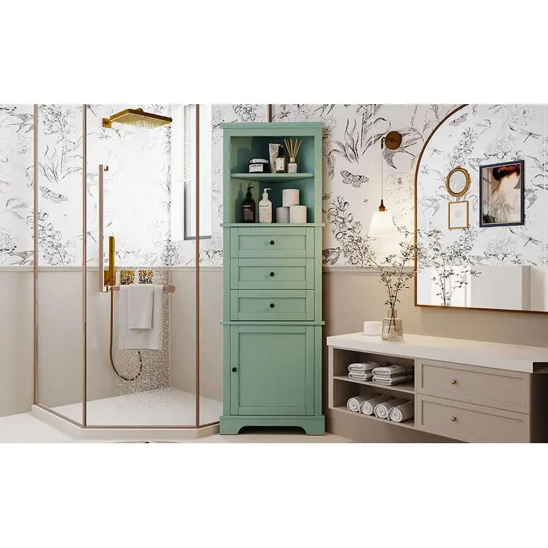 Green Triangle Tall Cabinet, 3 Drawers, Adjustable Shelves, MDF Board, Painted Finish for Bathroom, Kitchen, Living Room -