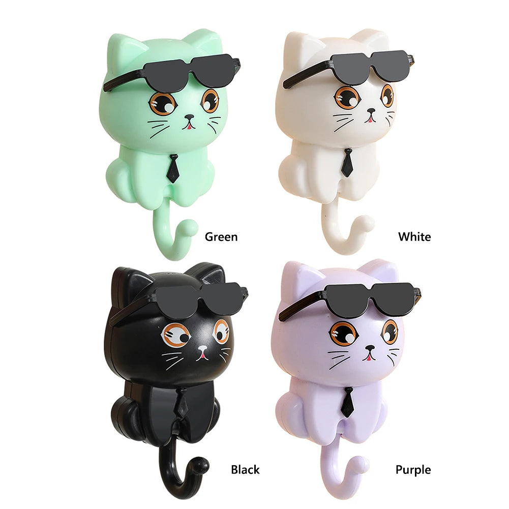 1-3Pcs Wall Key Holder Creative Cartoon Cat Hook Self Adhesive Wall-mounted Hooks with Sunglasses for Wall Decorative Hooks